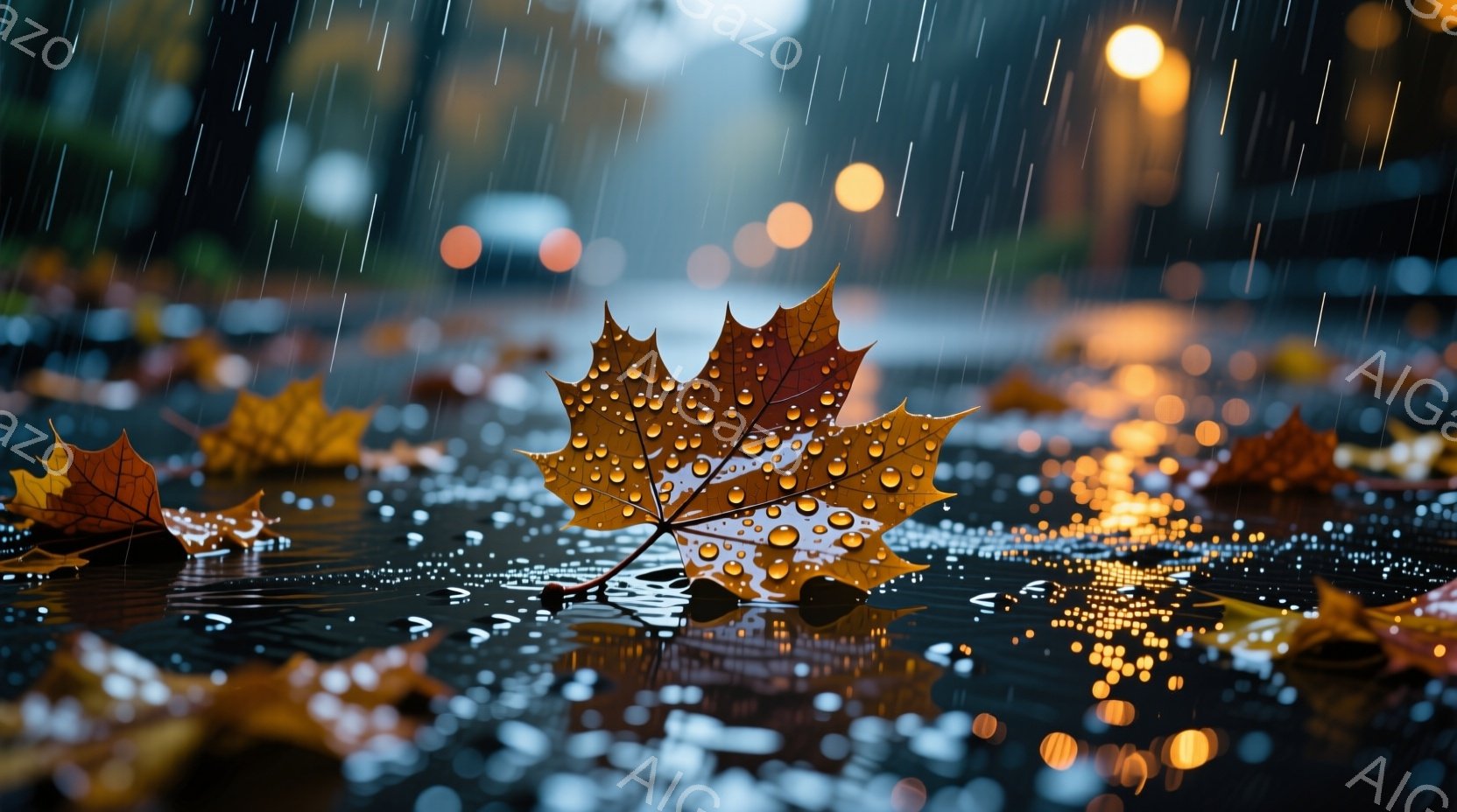 濡れた地面に散らばった紅葉が印象的な写真です。雨粒が葉っぱや地面に反射し、ぼんやりとした背景の街灯が光を添えています。全体的にしっとりとした秋の夜の雰囲気が漂い、静けさと少しの寂しさが感じられます。
