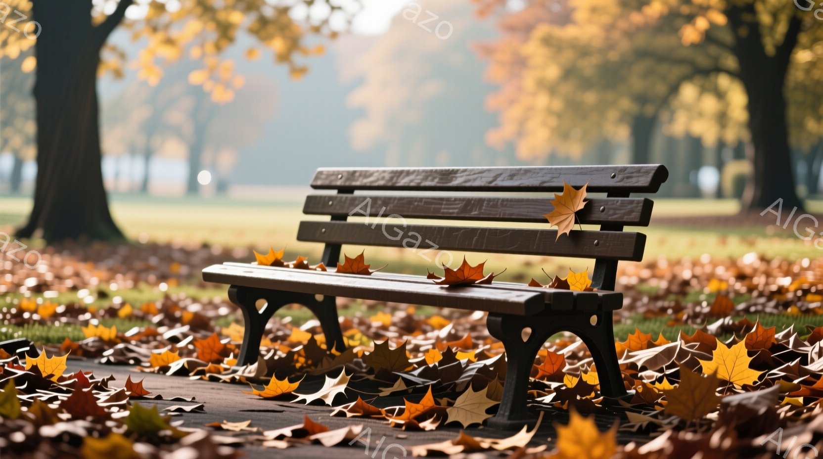 公園の遊歩道に置かれた木製のベンチが写っている。ベンチと遊歩道は落ち葉で覆われ、背景にはぼやけた木々と緑の芝生が広がり、秋の穏やかな雰囲気が漂っている。暖色系の色調が全体を包み込み、静寂と安らぎを感じさせる光景である。