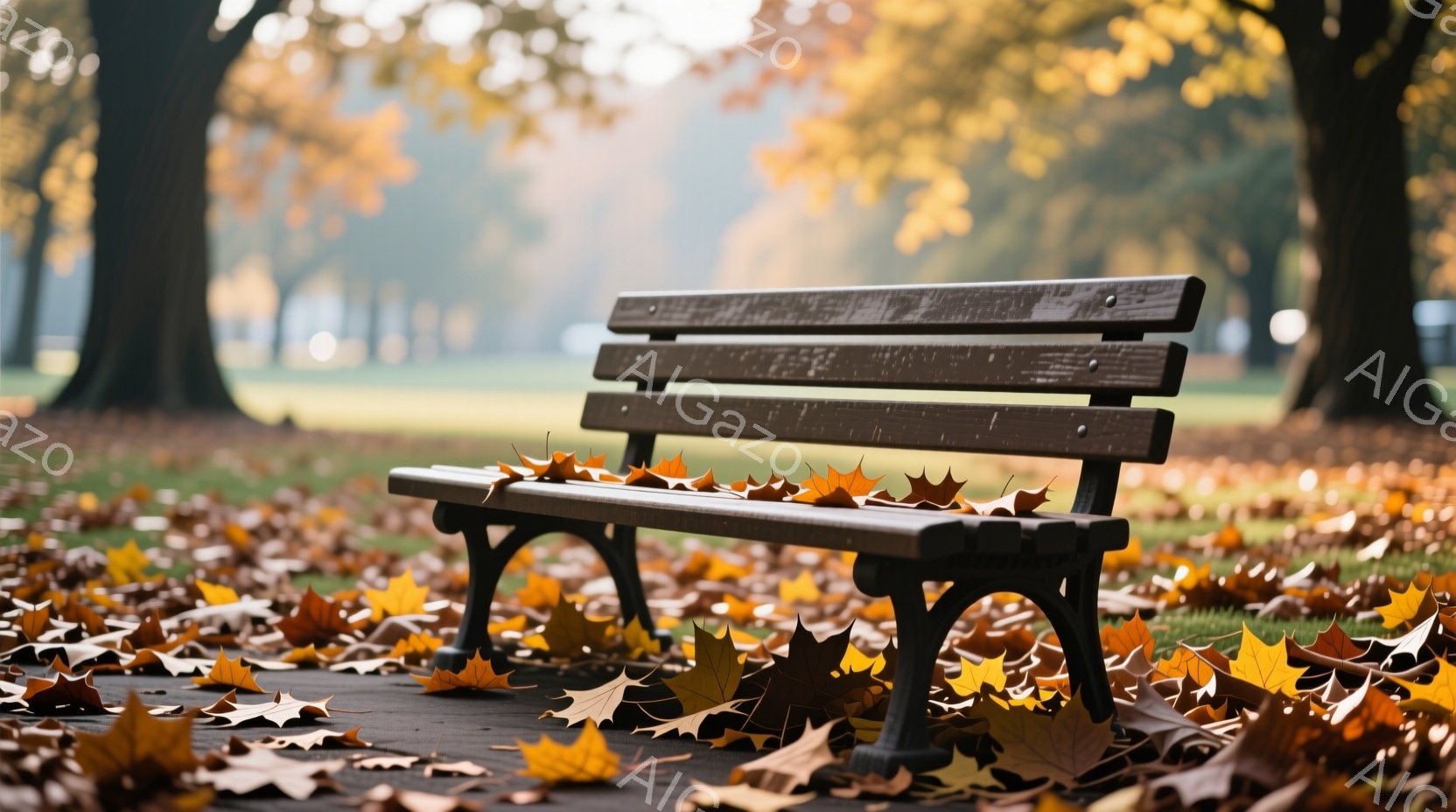 公園の舗装された道に、葉が散りばめられたベンチが佇んでいます。ベンチは木製で、少し古びた印象を与えます。背景には緑の芝生と木々が見え、秋の穏やかで物静かな雰囲気が漂っています。