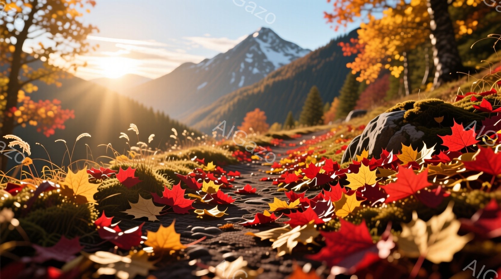 鮮やかな紅葉が散りばめられた森の中の道が描かれています。背景には雪を抱いた山々がそびえ立ち、太陽の光が木々の間から差し込み、暖かな雰囲気を醸し出しています。道沿いには草や岩が点在し、秋の静寂と美しさが表現されています。