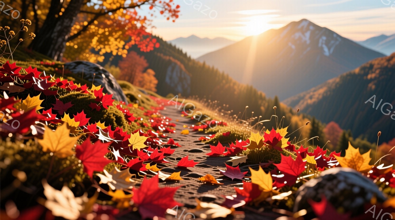 鮮やかな紅葉の葉が散りばめられた森の小道が写っている。背景には、朝日に照らされた緑豊かな山々が連なり、暖かく穏やかな雰囲気を醸し出している。葉の色は赤、オレンジ、黄色と様々で、秋の美しい景色を表現している。