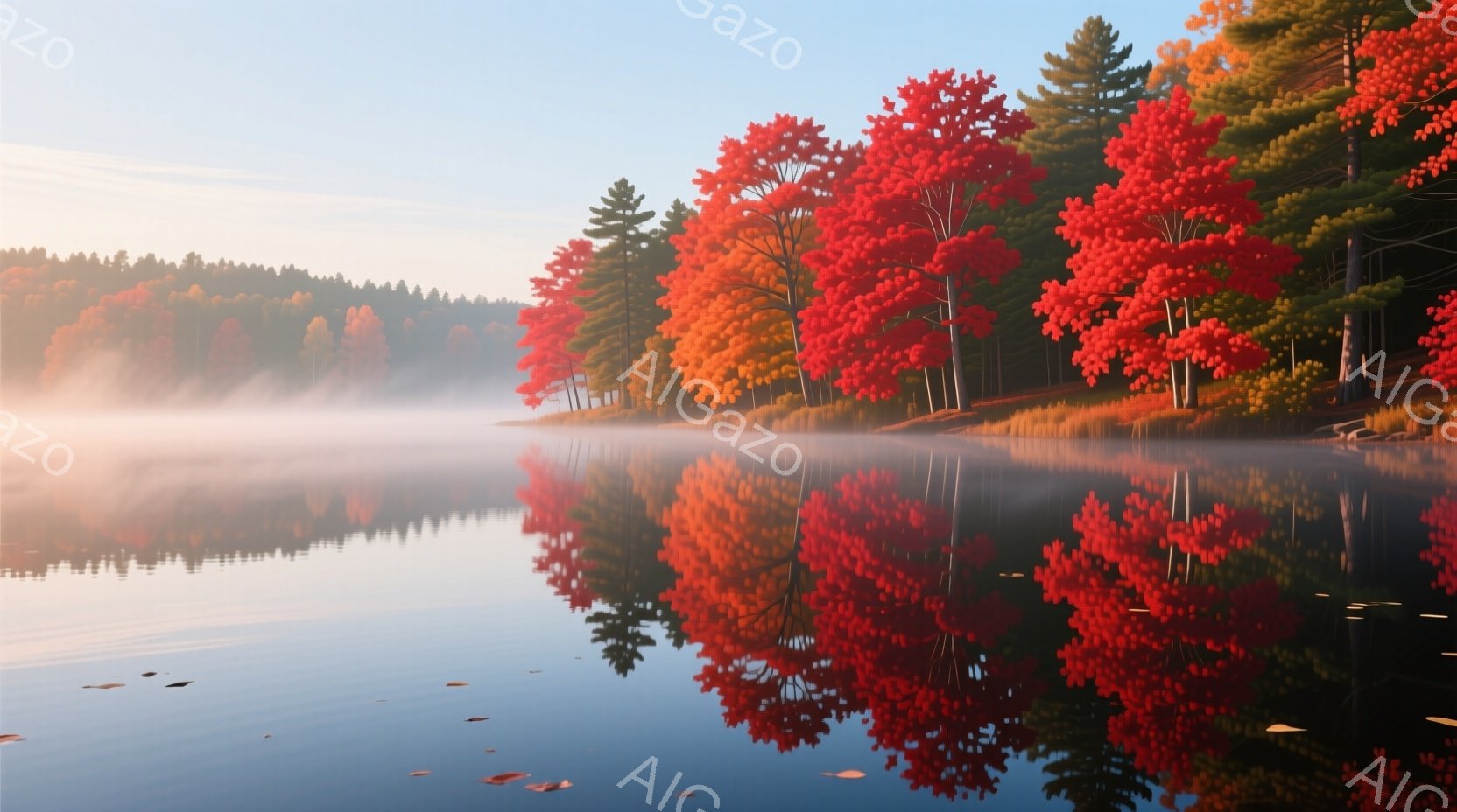 静かな湖面が、燃えるような紅葉の木々を完璧に映し出している風景だ。朝靄が湖面を覆い、木々の鮮やかな赤色がより一層際立っている。穏やかな雰囲気で、自然の美しさを感じさせる。
