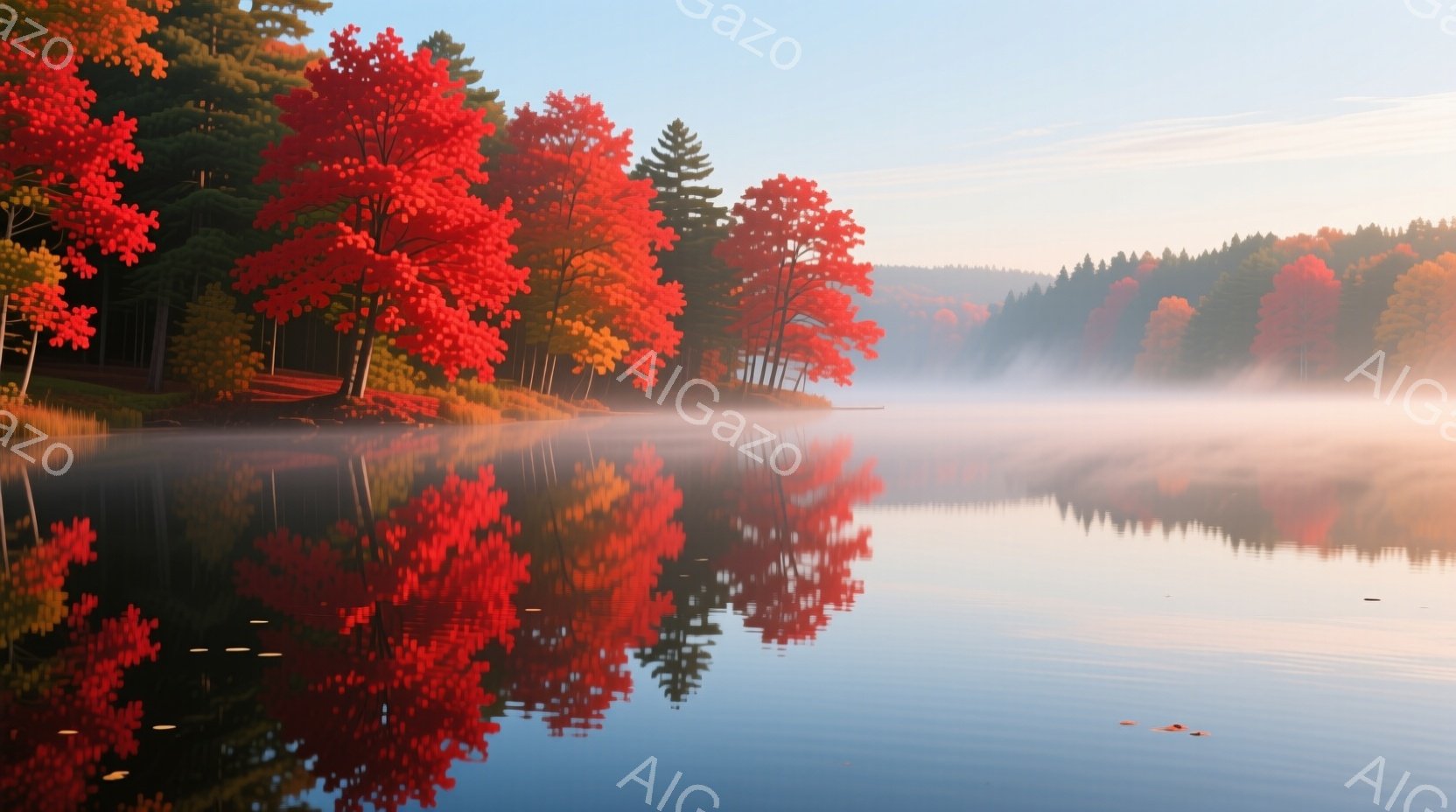 静かな湖面が、鮮やかな紅葉の木々を完璧に映し出している。朝霧が湖の一部を覆い、神秘的な雰囲気を醸し出している。背景には緑豊かな森林が広がり、穏やかで平和な秋の風景を表現している。