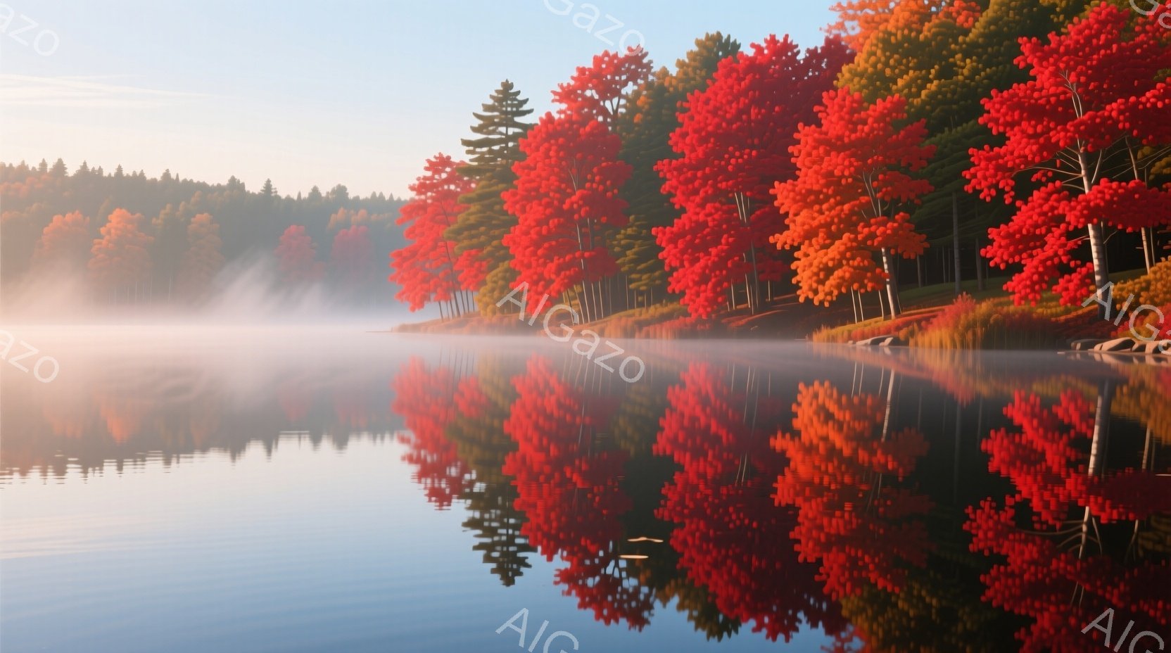 静かな湖が、燃えるように赤い紅葉の木々を完璧に映し出している。朝霧が湖面に立ち込め、木々の上部をぼんやりと覆い、穏やかで神秘的な雰囲気を醸し出している。鮮やかな色彩と水面の反射が組み合わさり、息をのむ - AI生成フリー素材