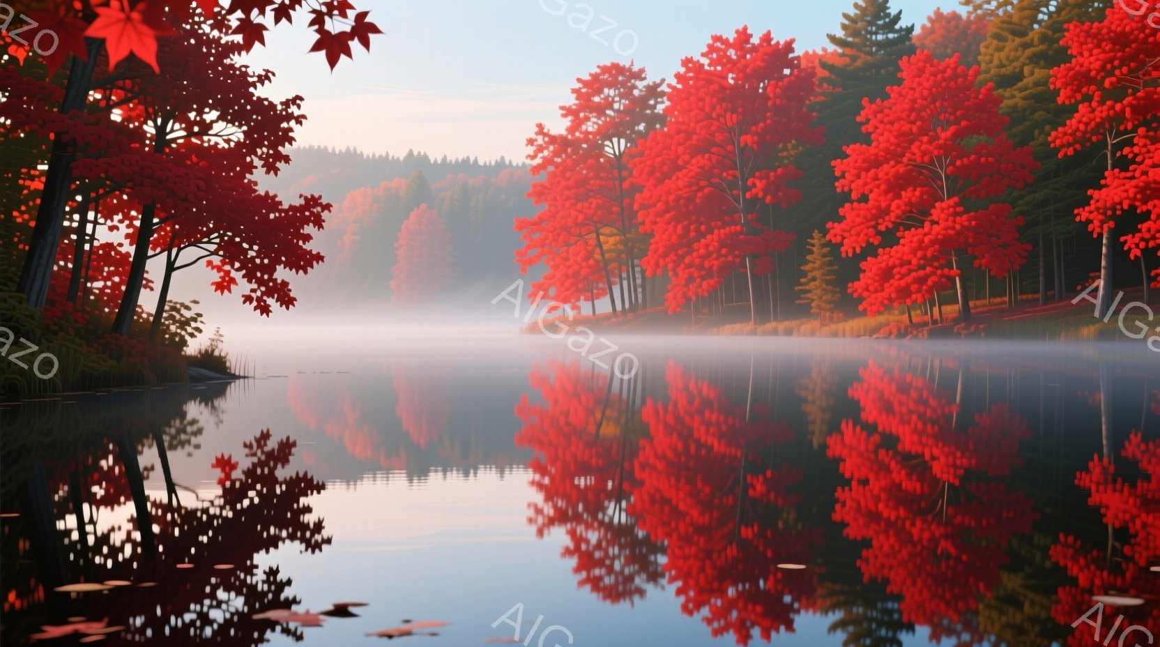 静かな湖面が、鮮やかな紅葉の木々を完璧に映し出している。朝霧が湖面に漂い、幻想的な雰囲気を醸し出している。背景には、霞んだ山々と、秋の深まりを感じさせる穏やかな空が広がっている。