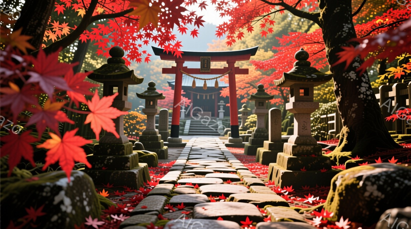 朱色の鳥居が連なる参道は、落ち葉で覆われた石畳の道へと続いている。背景には、鮮やかな朱色の社殿が見え、周囲は紅葉に染まった木々が生い茂り、秋の深まりを感じさせる。全体として、静寂で神聖な雰囲気が漂い、訪れる者を穏やかな気持ちにさせる風景である。