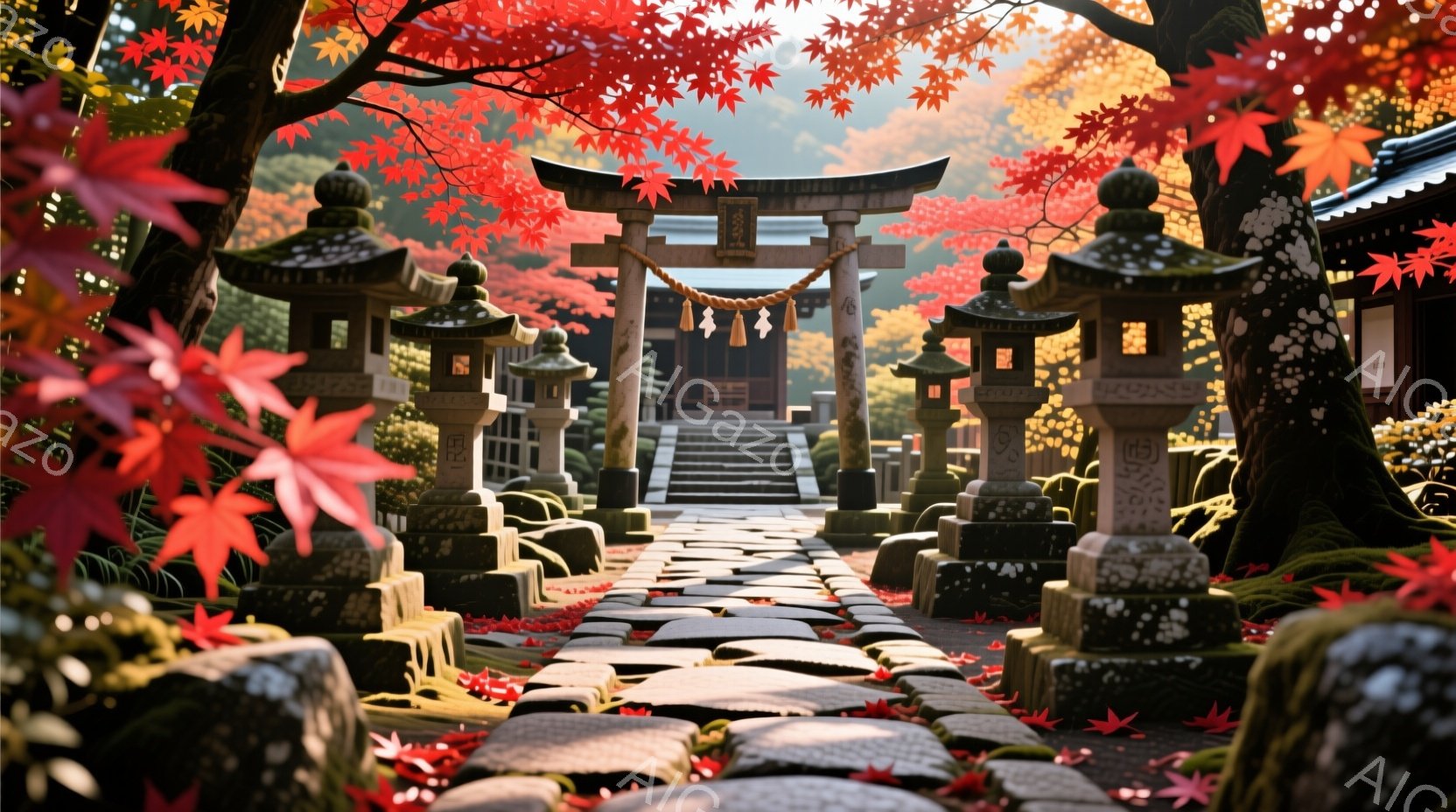 朱色の鳥居が、石段と石灯籠に沿って続く参道の中央に建っており、その奥には伝統的な建築様式の社殿が見える。鮮やかな紅葉が空を覆い、地面には散り葉が敷き詰められ、秋の深まりを感じさせる。穏やかな光が差し込 - AI生成フリー素材