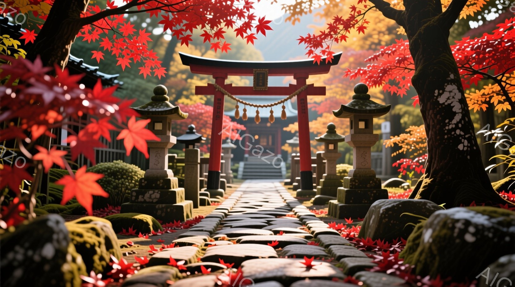 朱色の鳥居が並び、石畳の道が奥へと続いています。両脇には石灯籠が配置され、周囲は燃えるような紅葉に囲まれ、秋の深まりを感じさせます。鮮やかな色彩と静寂が共存し、神聖で落ち着いた雰囲気を醸し出しています - AI生成フリー素材