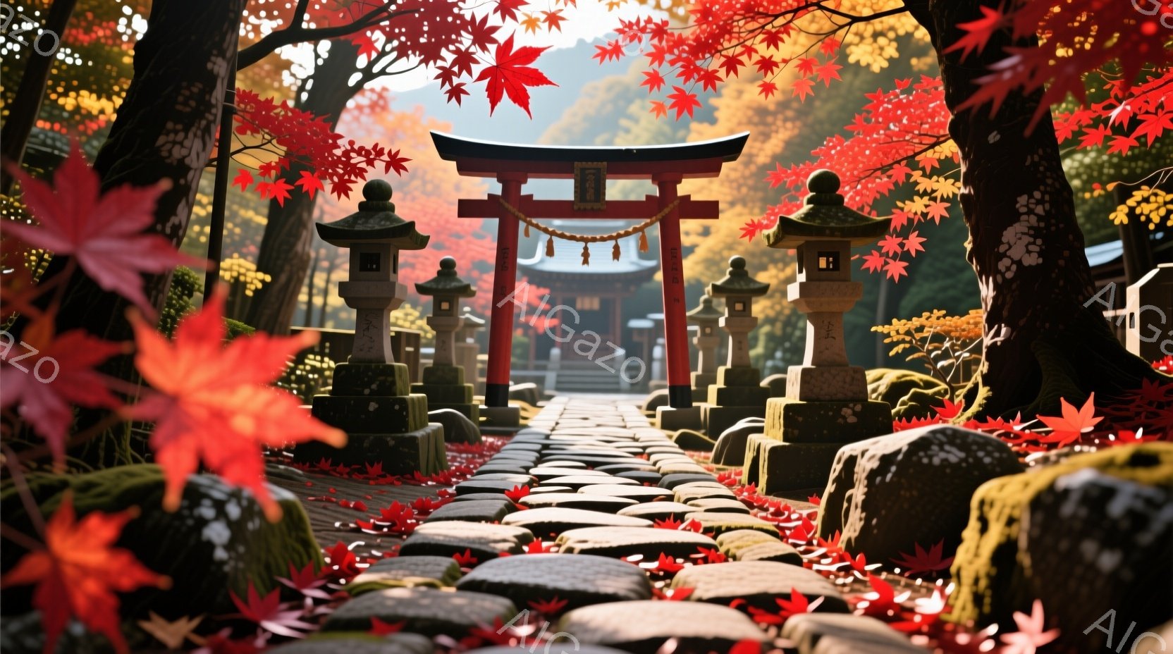 朱色の鳥居が並び、石畳の道が奥へと続いており、その両脇には苔むした石灯籠が設置されています。背景には伝統的な様式の建物が見え、周囲は鮮やかな紅葉に包まれ、秋の穏やかな雰囲気を醸し出しています。全体的に - AI生成フリー素材