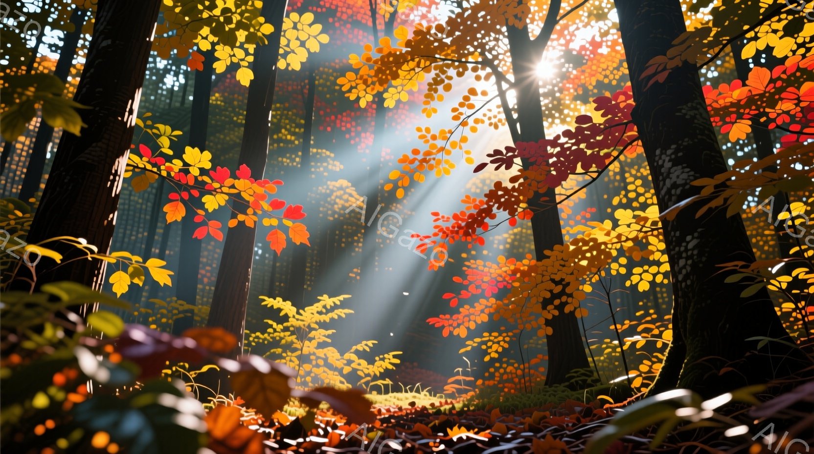 深い森の中、秋の鮮やかな紅葉が目に飛び込んできます。日の光が木々の間から差し込み、地面や葉を照らし出しています。暖かく穏やかな雰囲気で、自然の美しさが際立っています。 - AI生成フリー素材