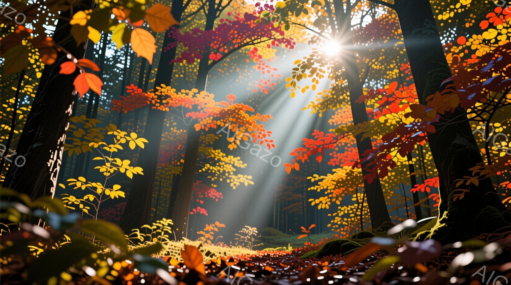 鮮やかな秋の森が描かれており、紅葉した木々が太陽光を浴びて輝いている。光線が森の中を突き抜け、地面に斑点状の光を作り出しており、暖かく幻想的な雰囲気を醸し出している。地面には落ち葉が散らばり、自然の美しさと静寂が感じられる。