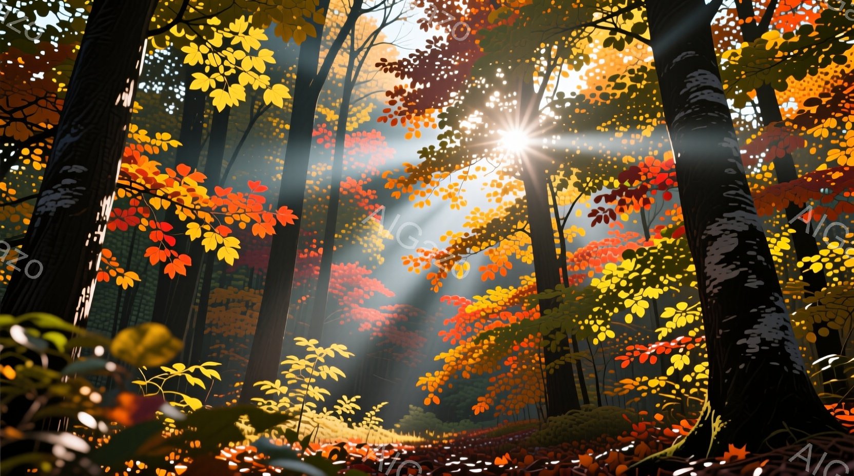 深い森の中、紅葉が美しい秋の風景が広がっている。木々の間から差し込む太陽の光が、森全体を明るく照らし、幻想的な雰囲気を醸し出している。地面には散った紅葉が敷き詰められ、暖かく、穏やかな空気が感じられる。