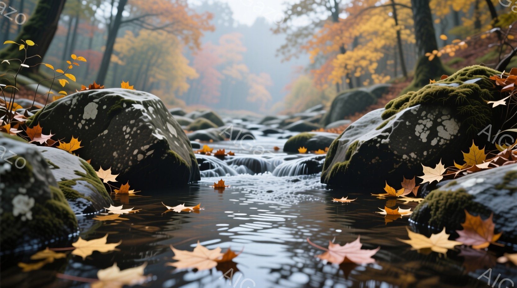 岩と苔に覆われた小川が流れており、水面には散りゆく紅葉が浮かんでいる。背景には秋の色彩豊かな森林が広がり、霧が立ち込めて幻想的な雰囲気を醸し出している。全体的に静かで穏やかな、秋の深まりを感じさせる情景である。