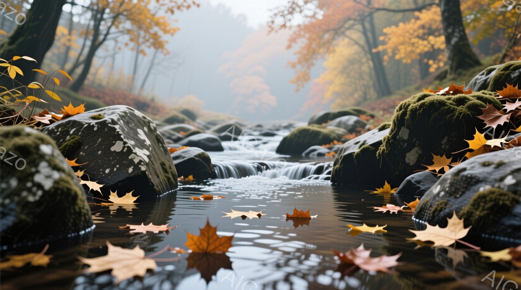 苔むした岩が並び、その間を澄んだ水が流れる秋の風景だ。水面には鮮やかな紅葉が浮かび、背景には霧のかかった木々が生い茂り、静寂で穏やかな雰囲気が漂っている。全体的に、自然の美しさと秋の訪れを感じさせる、落ち着いた光景である。