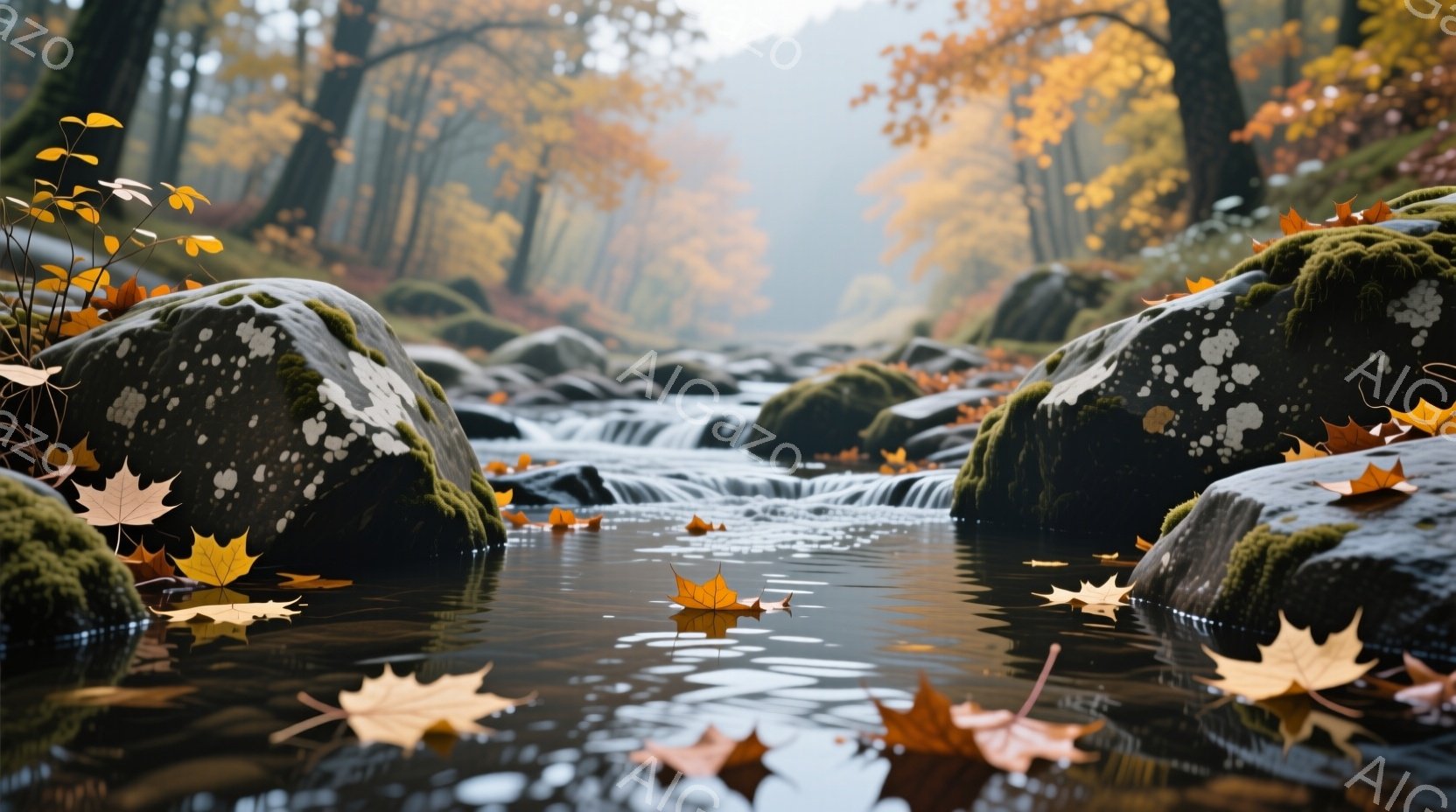 苔むした岩が点在する小川が、秋の森を流れている。水面には落ち葉が浮かび、周囲の木々の紅葉と相まって、穏やかで物静かな雰囲気を醸し出している。背景は霧に包まれ、奥行きのある美しい自然の風景が広がっている。