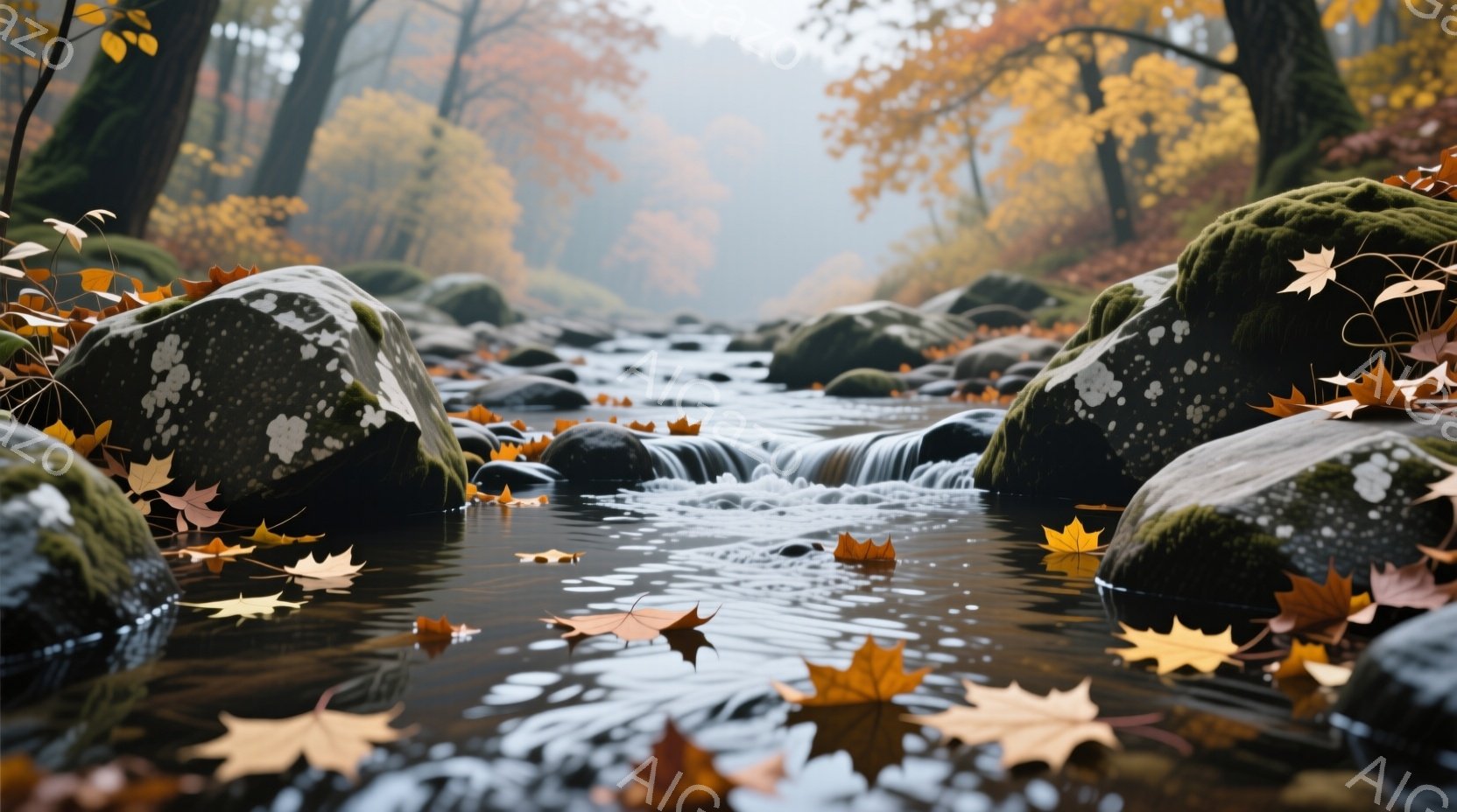 鮮やかな紅葉が水面に浮かび、岩の間を流れる小川が印象的です。苔むした岩が水辺に配置され、秋の色彩が豊かに表現されています。背景には霧がかった森が広がり、静かで穏やかな雰囲気が漂っています。