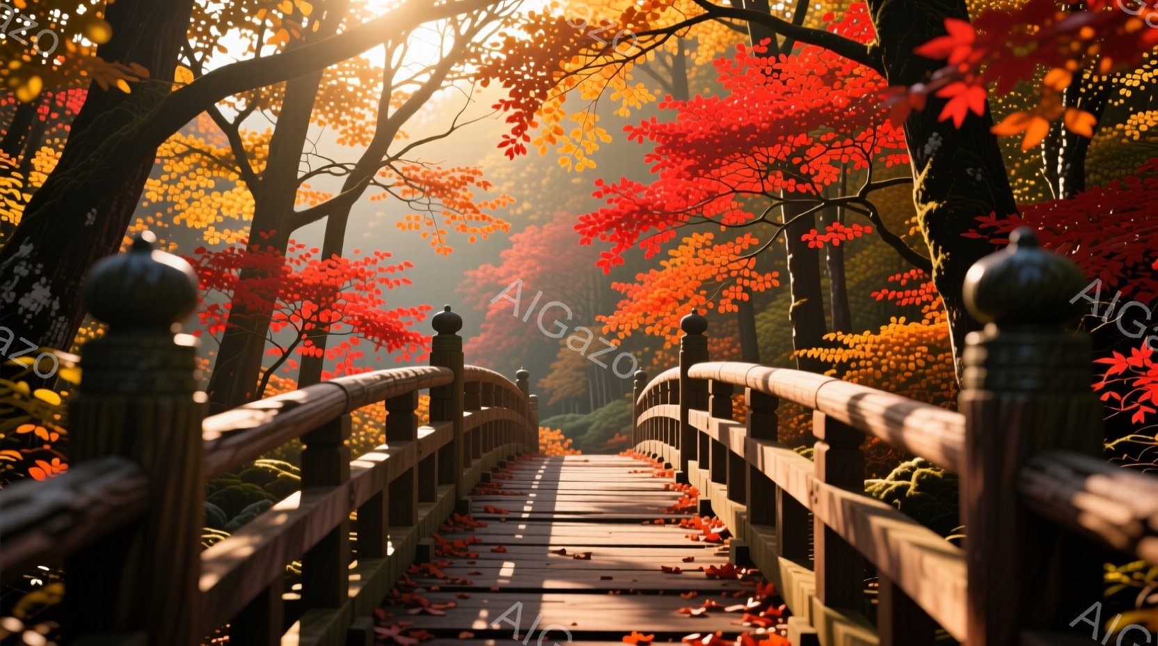 赤い紅葉に染まる木製の橋が、深い森の中に続く風景です。太陽の光が木々の間から差し込み、地面には落ち葉が散らばり、静かで穏やかな雰囲気を醸し出しています。橋は古風で、自然と調和した美しい景色です。