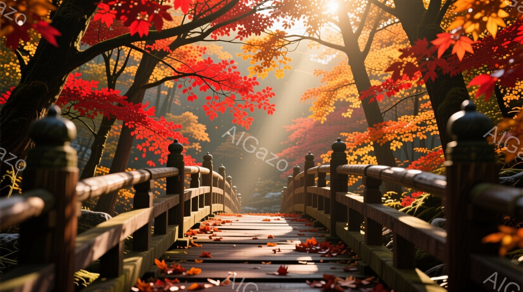 赤や黄色の紅葉に彩られた風景の中、古びた木製の橋が印象的である。橋の上には落ち葉が散らばり、日の光が木々の間から差し込み、幻想的な雰囲気を醸し出している。背景には鮮やかな紅葉の木々が広がり、秋の深まりを感じさせる美しい情景である。
