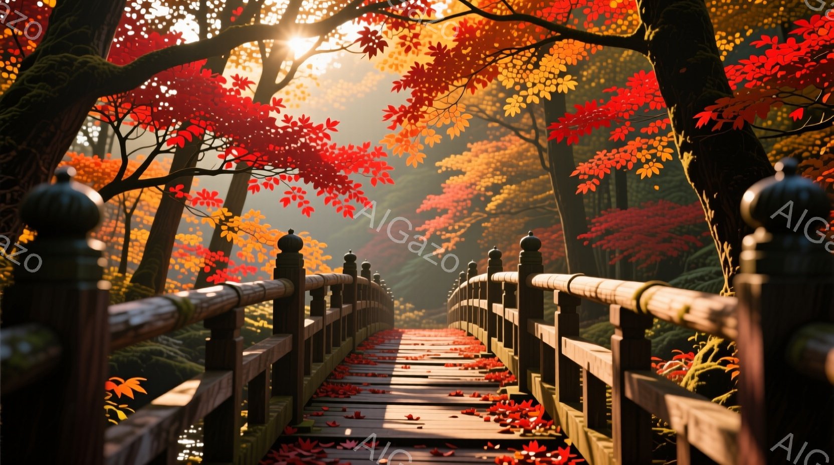 赤やオレンジ色の紅葉に囲まれた木製の橋が、写真の中心に伸びています。橋の床には落ち葉が散らばり、暖かく穏やかな秋の雰囲気を醸し出しています。背景には鮮やかな紅葉が茂り、光が差し込み、幻想的な風景を作り - AI生成フリー素材
