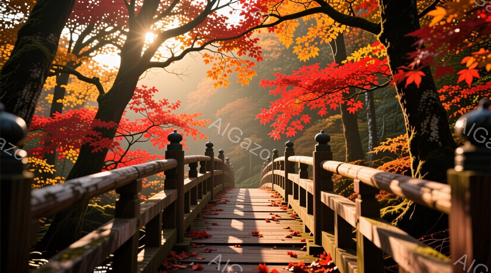 赤い紅葉に覆われた木製の橋が、深い森の中に伸びています。日の光が葉の間から差し込み、橋の木製デッキに暖かな光を投げかけています。地面には散った葉が散らばり、秋の静かで美しい雰囲気を醸し出しています。