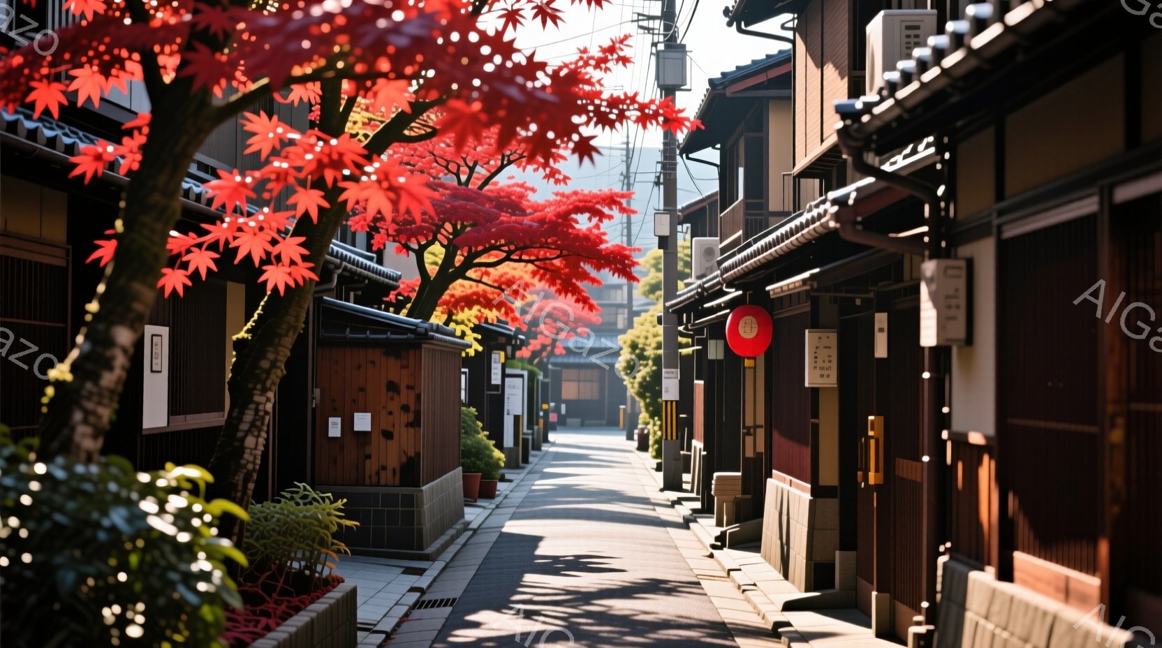 狭い路地が続き、両側に木造の家々が密集している風景です。鮮やかな赤色の紅葉が路地を覆い、日差しが差し込み、影と光がコントラストを生み出しています。静かで落ち着いた雰囲気で、日本の伝統的な街並みを思わせ - AI生成フリー素材