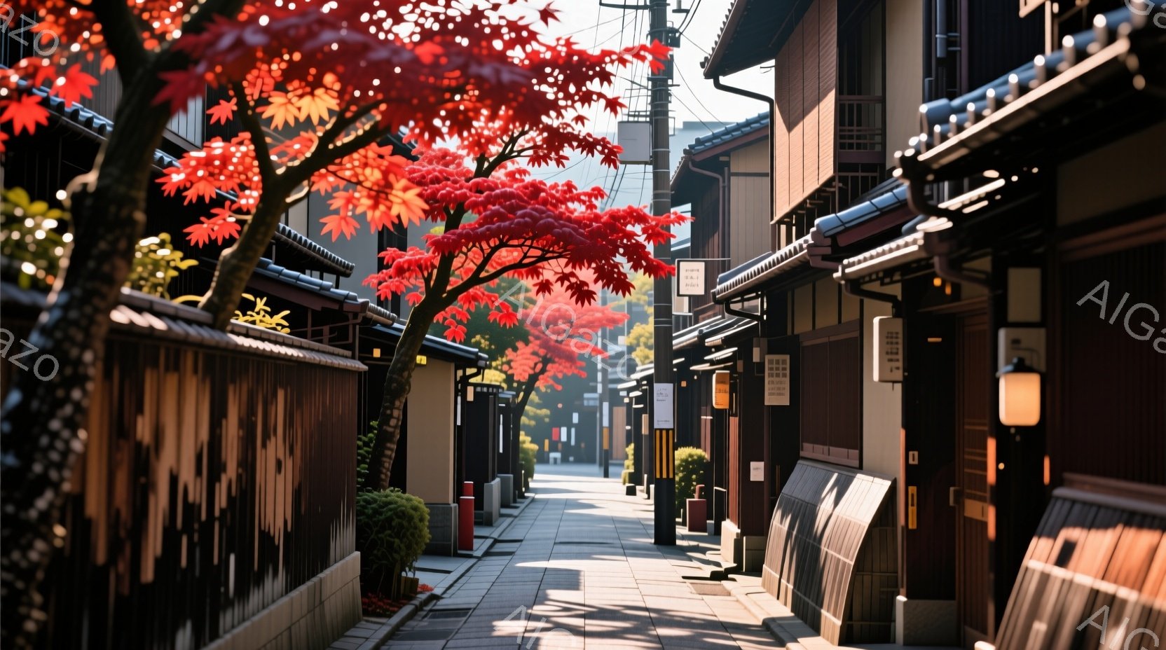 狭い路地には木造建築が立ち並び、鮮やかな赤色の紅葉が頭上に広がり、秋の風景を彩っています。日差しが路地に差し込み、建物や紅葉に暖かな光を当て、静かで落ち着いた雰囲気を醸し出しています。古都の趣を感じさ - AI生成フリー素材