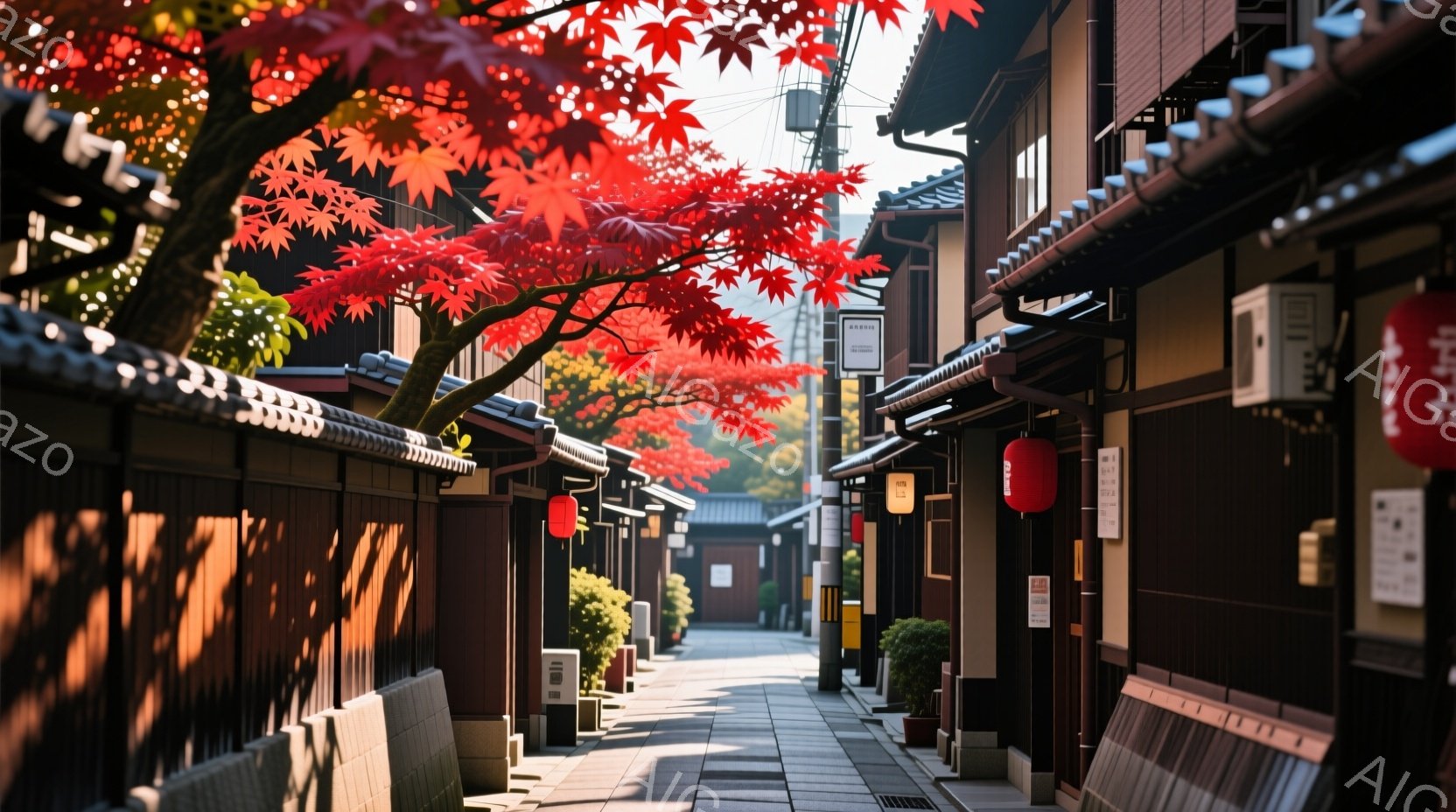 古都の路地が写真に写っている。両脇には木造の建物が立ち並び、所々に提灯が吊るされている。鮮やかな赤色の紅葉が頭上に広がり、路地全体を暖かく照らしている。