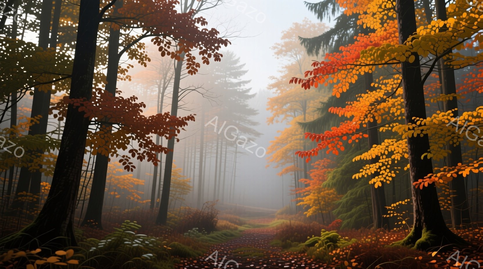 鬱蒼とした森の中を、落ち葉で覆われた細い道が奥へと続いています。鮮やかな赤やオレンジ、黄色の紅葉が木々を彩り、霧が立ち込めて幻想的な雰囲気を醸し出しています。地面には緑色の苔が生え、湿った土の匂いが感じられるような、静かで穏やかな秋の風景です。