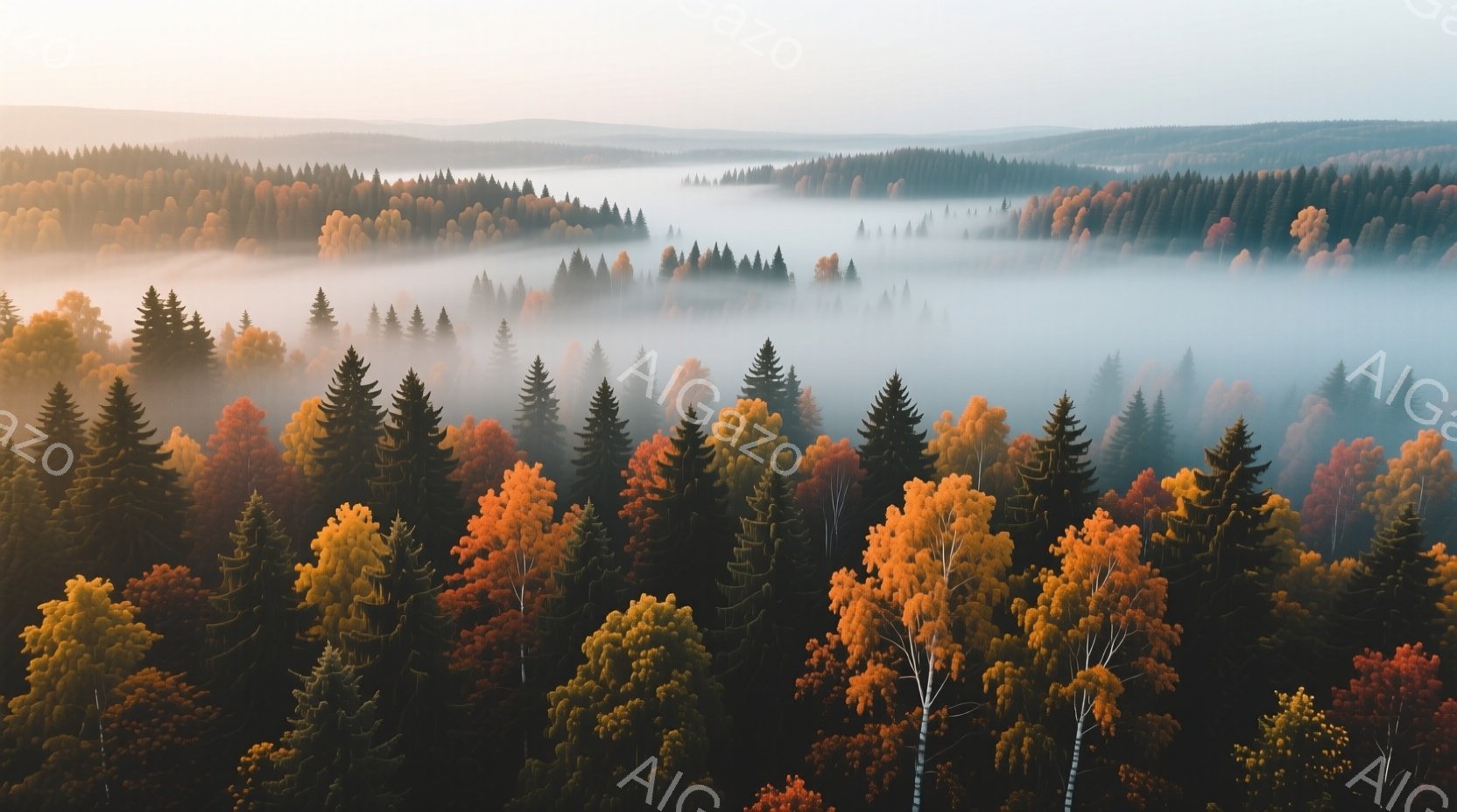 カラフルな紅葉の森林が霧に包まれ、幻想的な風景を呈している。木々は赤、オレンジ、黄色といった秋の色で彩られ、遠くの山々は霧に覆われてぼんやりと見える。全体的に静かで穏やかな雰囲気が漂い、秋の深まりを感じさせる。