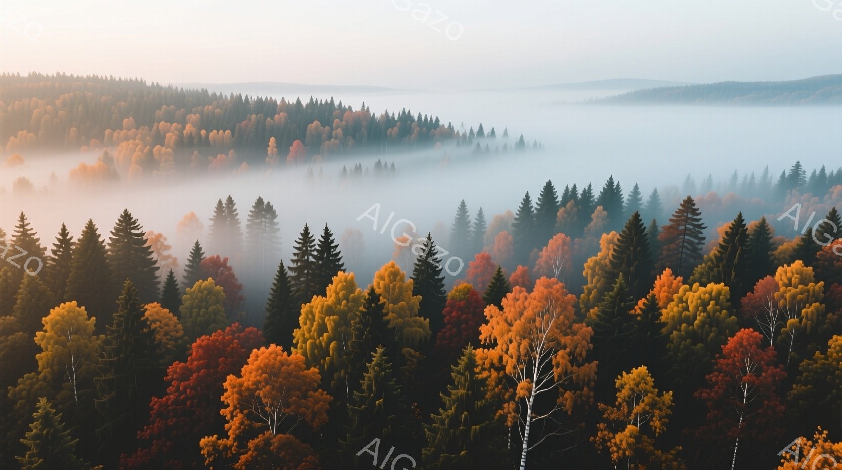 カラフルな紅葉の木々が密集し、深い緑と鮮やかなオレンジ、赤、黄色の色合いが織りなす美しい風景が広がっている。霧が谷間を覆い、幻想的な雰囲気を醸し出しており、遠くの山々は霞んで見える。全体的に静寂で穏やかな、秋の自然の美しさを捉えた一枚である。