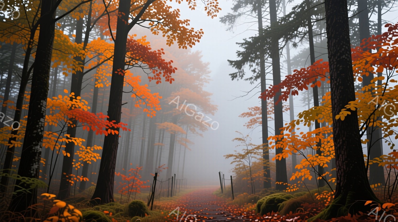 深い森の中を、霧が立ち込める赤い落ち葉の道が続いている。高い木々の幹が立ち並び、鮮やかなオレンジや赤色の葉が、霧を通してぼんやりと見える。 全体的に静かで神秘的な雰囲気が漂い、秋の深まりを感じさせる。