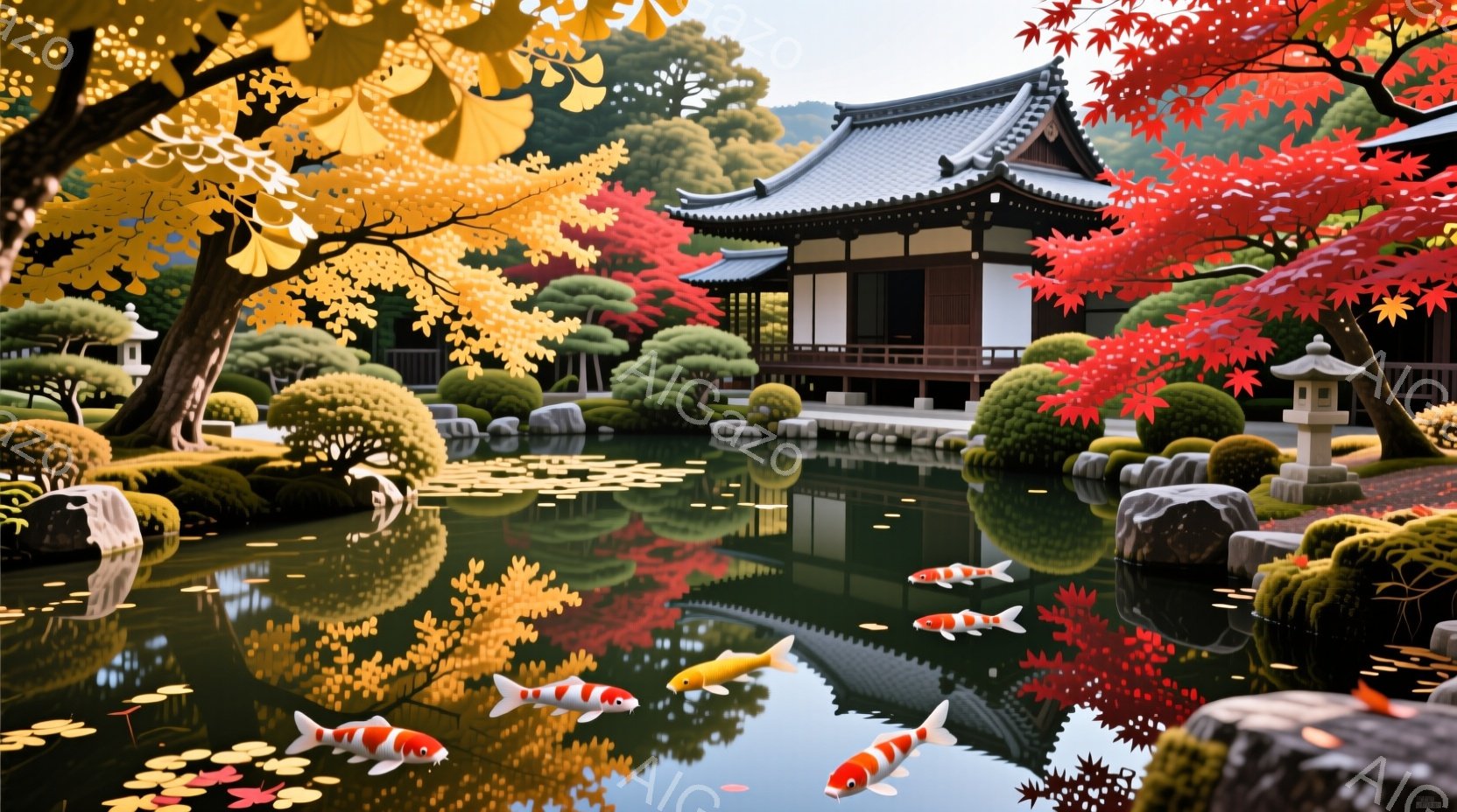 紅葉と池のある美しい庭園が描かれている。寺院のような建物が庭の中心に位置し、鮮やかな赤や黄色の紅葉が水面に映り込み、鯉が優雅に泳いでいる。全体的に穏やかで静謐な雰囲気が漂い、秋の深まりを感じさせる。 - AI生成フリー素材