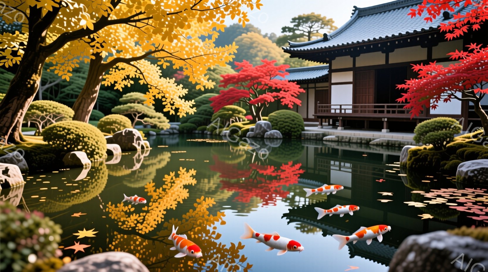 広大な庭園には、鮮やかな鯉が水面を優雅に泳いでいる。背景には、鮮やかな赤色の紅葉と黄金色のイチョウの木が立ち並び、日本の伝統的な建物が静かに佇んでいる。穏やかな光と水面に映る紅葉の反射が、平和で美しい - AI生成フリー素材