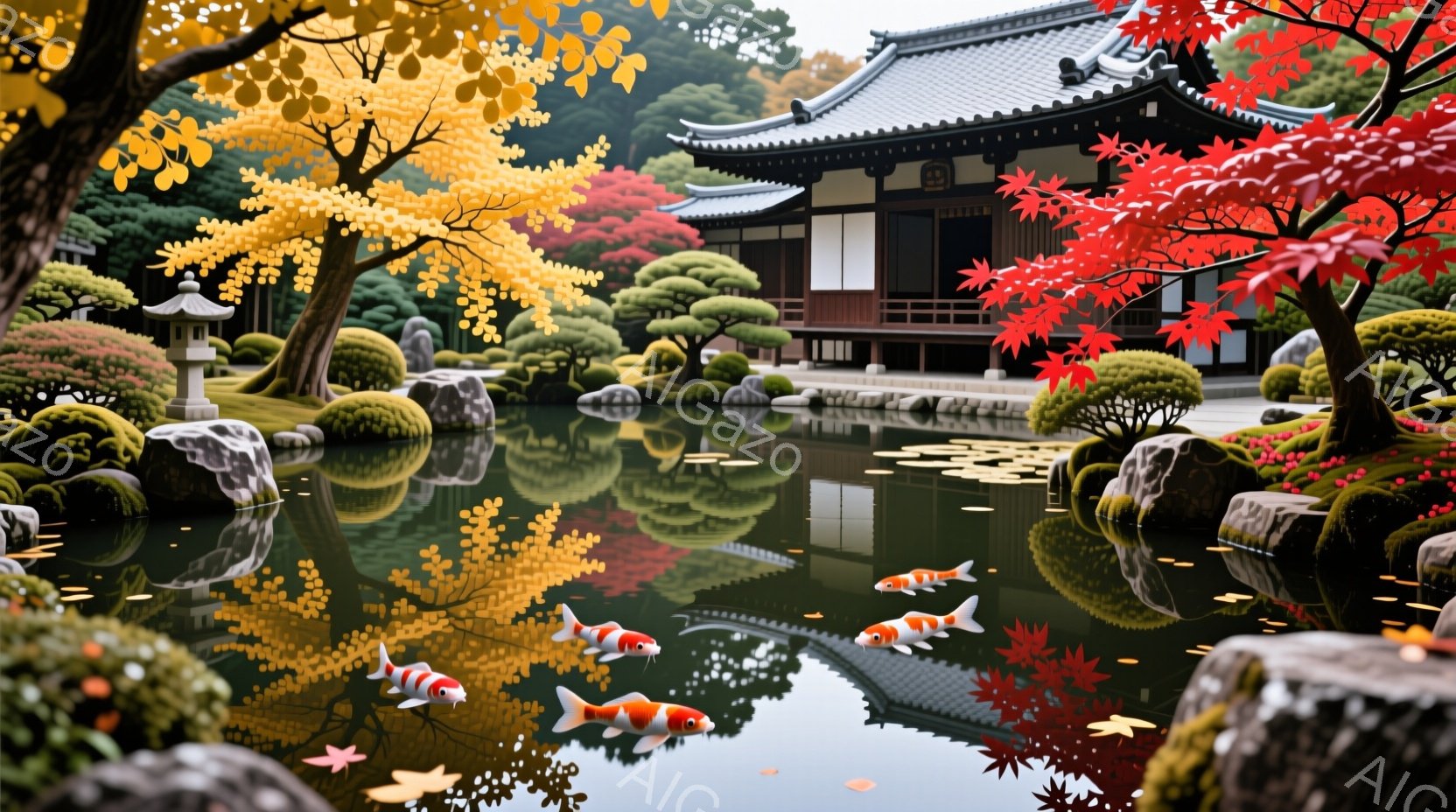 鮮やかな錦鯉が水面に浮かび、庭園の池を泳いでいる。背景には、紅葉に染まる木々と、伝統的な様式の建物が見え、秋の穏やかな雰囲気を醸し出している。池の周りには、手入れの行き届いた苔や石、そして鮮やかな紅葉の木々が配置され、日本の伝統的な庭園の美しさを表現している。