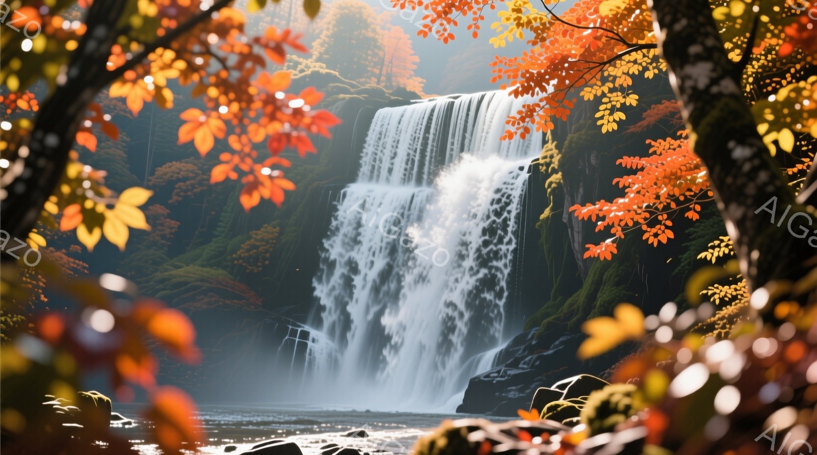 鮮やかな紅葉に囲まれた滝が力強く流れ落ちている。水しぶきが光を浴びて輝き、周囲の緑と鮮やかなオレンジ色が対照的で美しい風景を作り出している。滝壺には岩が点在し、水面は穏やかで、秋の静けさと自然の力強さを感じさせる。