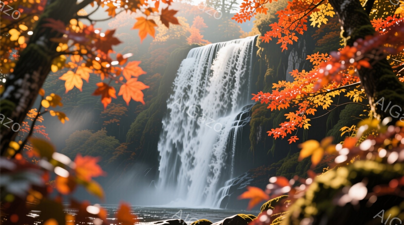 美しい滝が勢いよく流れ落ち、水しぶきが光を反射して輝いている。背景には緑豊かな森林が広がり、滝の周囲には紅葉した木々が彩りを添えている。全体的に神秘的で穏やかな雰囲気が漂い、自然の美しさを際立たせている。