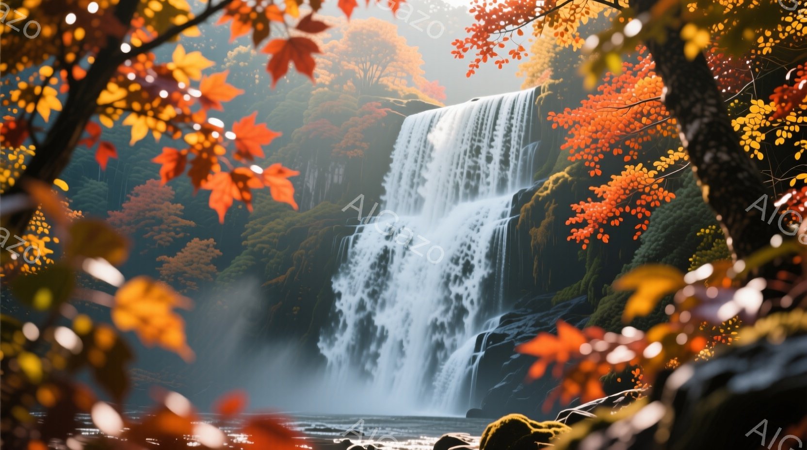鮮やかな紅葉に囲まれた滝が印象的な風景です。水は岩肌を流れ落ち、霧を上げながら流れ落ちています。背景は緑豊かな森で、秋の色彩が鮮やかに表現されており、穏やかで静謐な雰囲気が漂っています。