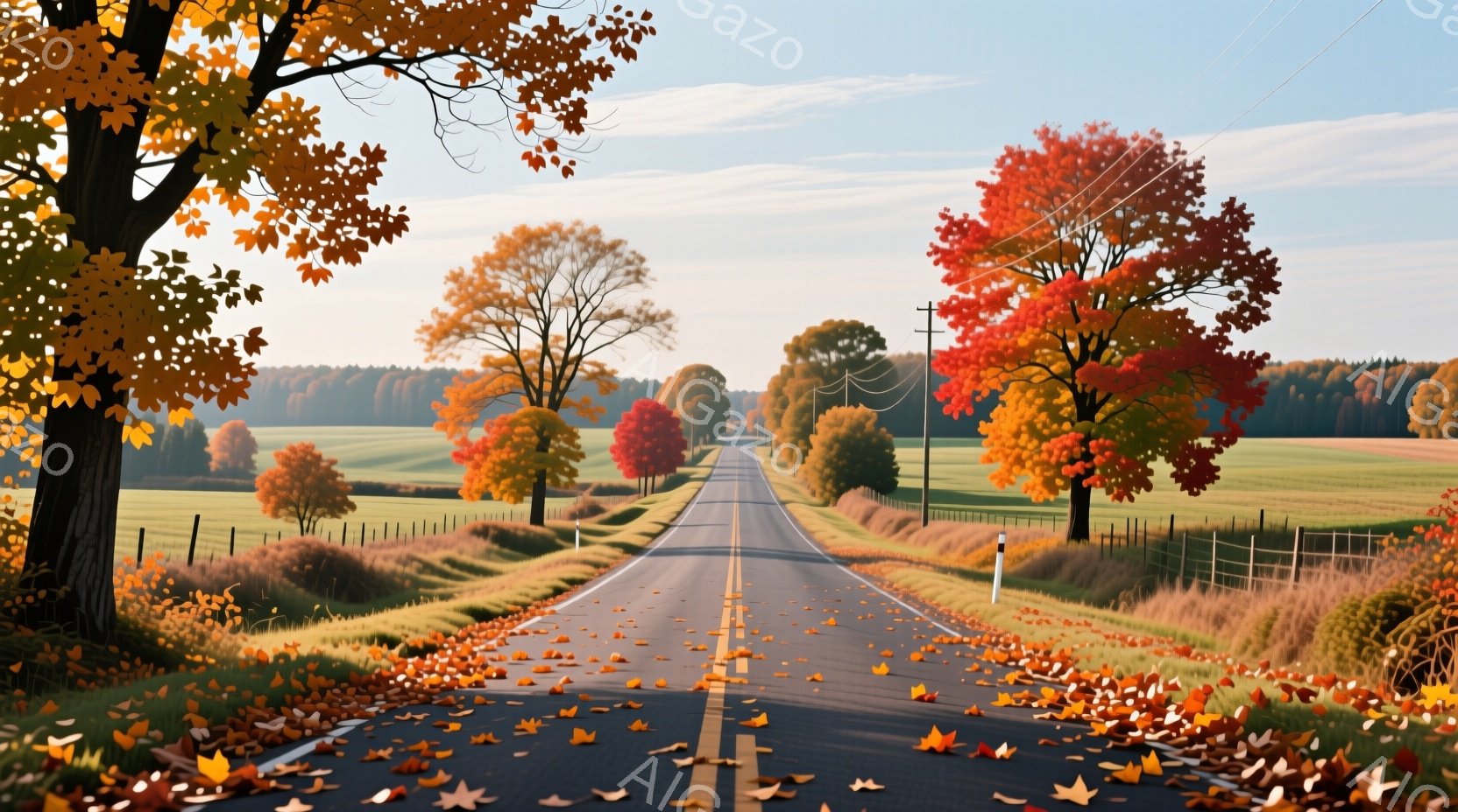 長いまっすぐな道が、鮮やかな紅葉と黄金色の草原の中を抜けて伸びています。道の両脇には木々が立ち並び、落葉がアスファルトに散らばり、秋の静けさと美しさを表現しています。遠くには緑の丘が広がり、穏やかな天候と相まって、のどかな田園風景を作り出しています。