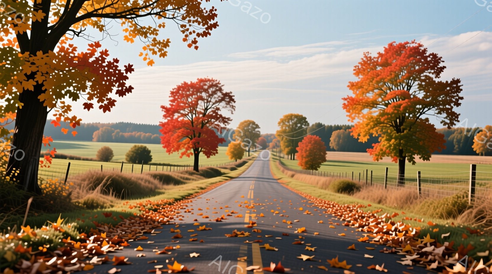 秋の田園風景が広がり、落葉が敷き詰められた道が遠くまで続いている。両脇には紅葉した木々が立ち並び、背景には緑の牧草地と穏やかな丘が見える。空は青く、暖かく穏やかな雰囲気が漂う、のどかな光景だ。