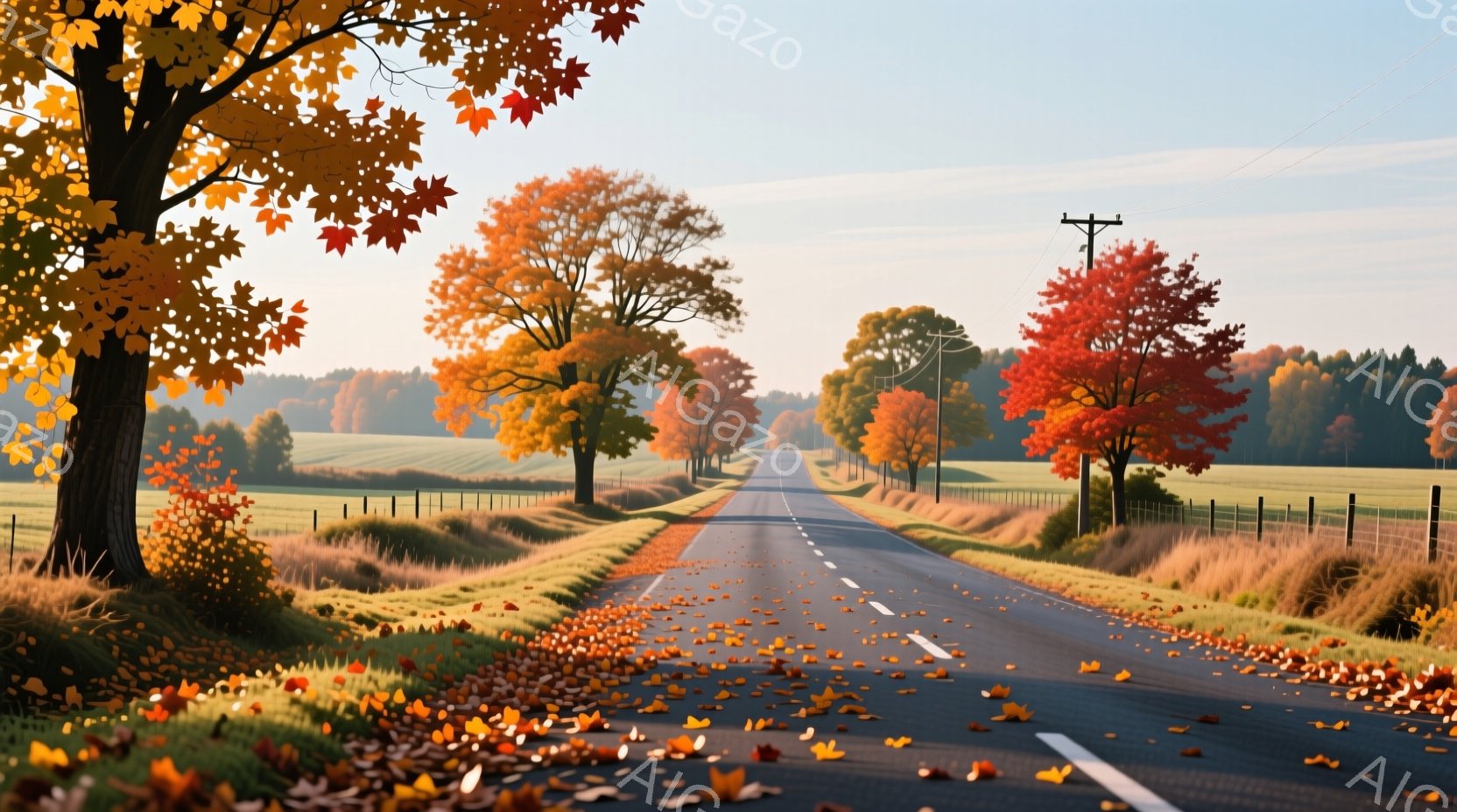 鮮やかな紅葉の葉が敷き詰められた、直線的な田舎道が印象的な風景です。道の両脇には高い木々が並び、その根元には黄金色の草原が広がっています。遠くには緑の丘が見え、穏やかな秋の日の暖かく、落ち着いた雰囲気が漂っています。