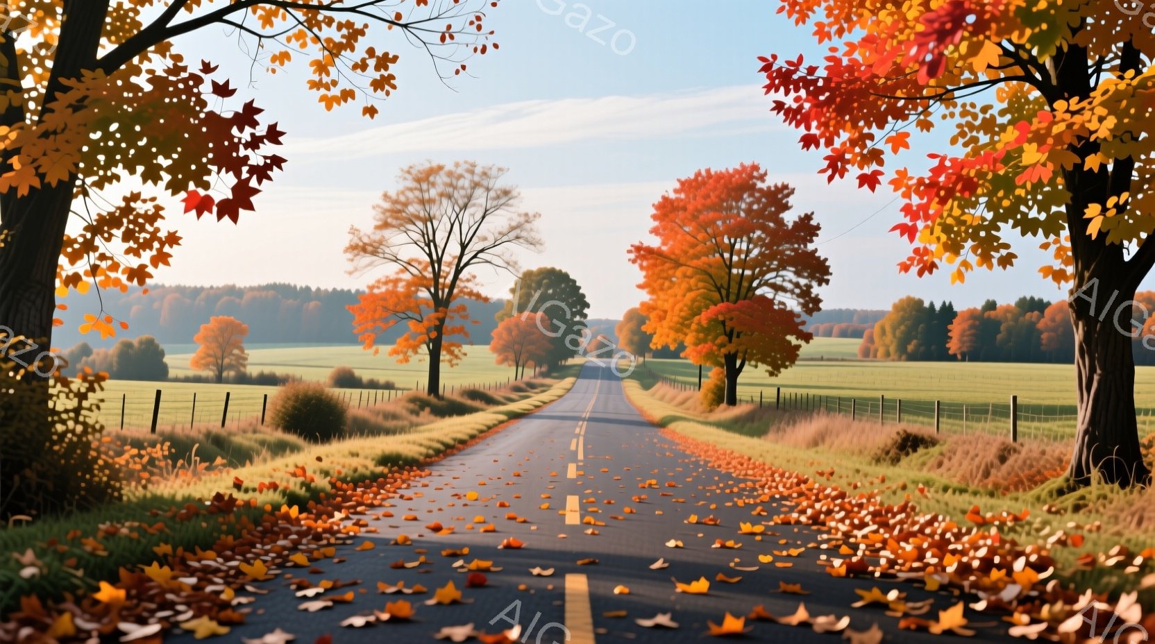 秋の田園風景が広がり、道は落ち葉で覆われている。両脇には紅葉した木々が立ち並び、遠くには緑の牧草地が広がり、穏やかな天候と暖かな光が秋の静けさを強調している。全体的に、鮮やかな色彩と平和な雰囲気が特徴 - AI生成フリー素材