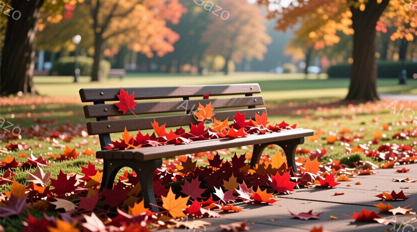公園の遊歩道に、赤やオレンジ色の紅葉が敷き詰められた風景です。木製のベンチには、さらに多くの落ち葉が乗っており、秋の深まりを感じさせます。背景には緑の芝生と木々が見え、穏やかで静かな秋の日の雰囲気が漂 - AI生成フリー素材