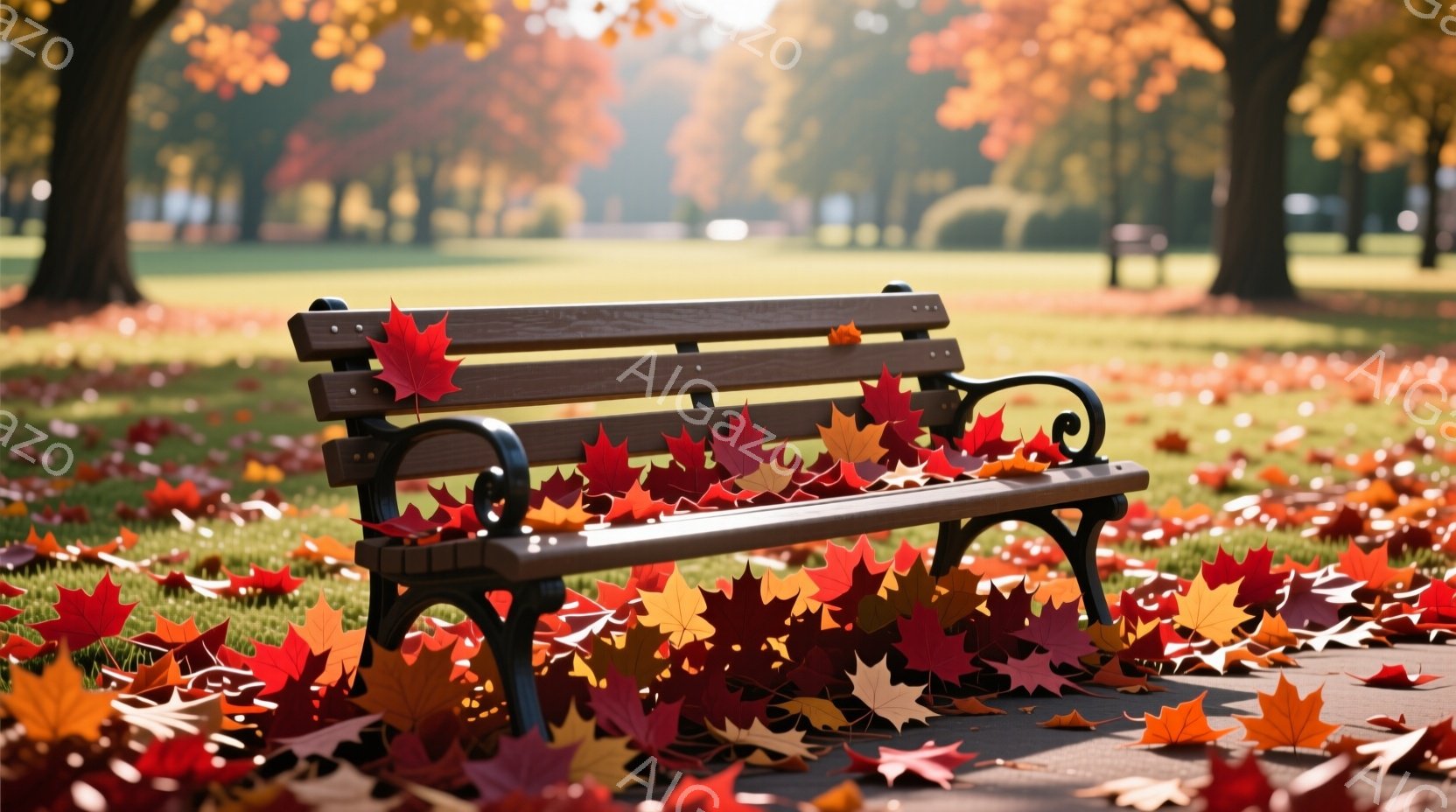 公園の舗装された道に、落ち葉に覆われた木製のベンチが置かれています。背景には、鮮やかな紅葉に染まった木々と、ぼんやりと見えるアーチ状の構造物があり、秋の穏やかな日差しが降り注いでいます。全体的に、暖か - AI生成フリー素材
