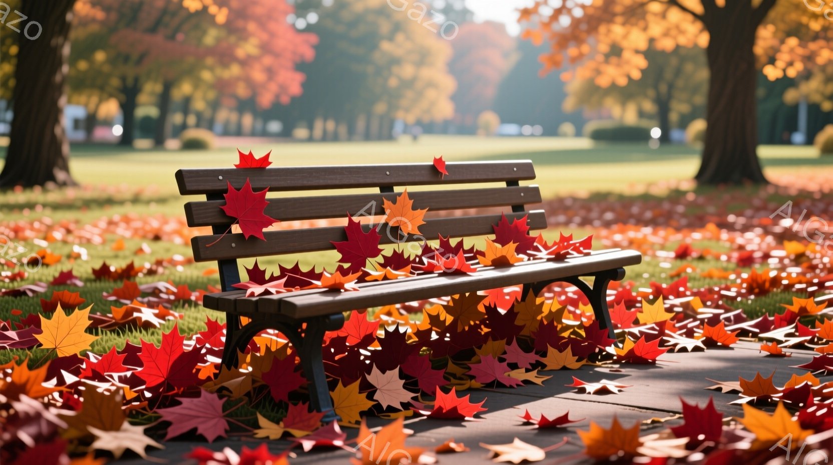 公園の遊歩道に置かれた木製のベンチが写っている。地面とベンチの上には、赤やオレンジ色の紅葉が散らばり、秋の深まりを感じさせる。背景には木々が立ち並び、柔らかな光が差し込み、穏やかで静寂な雰囲気を醸し出している。