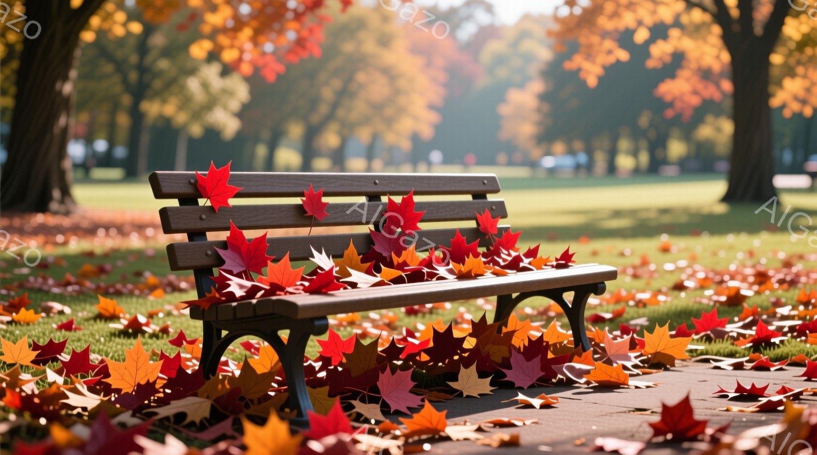 公園の遊歩道に置かれた木製のベンチが、鮮やかな紅葉で覆われています。地面も多くの落ち葉で埋め尽くされ、秋の深まりを感じさせます。背景には木々が並び、柔らかな光が差し込み、穏やかで静寂な雰囲気を醸し出し - AI生成フリー素材