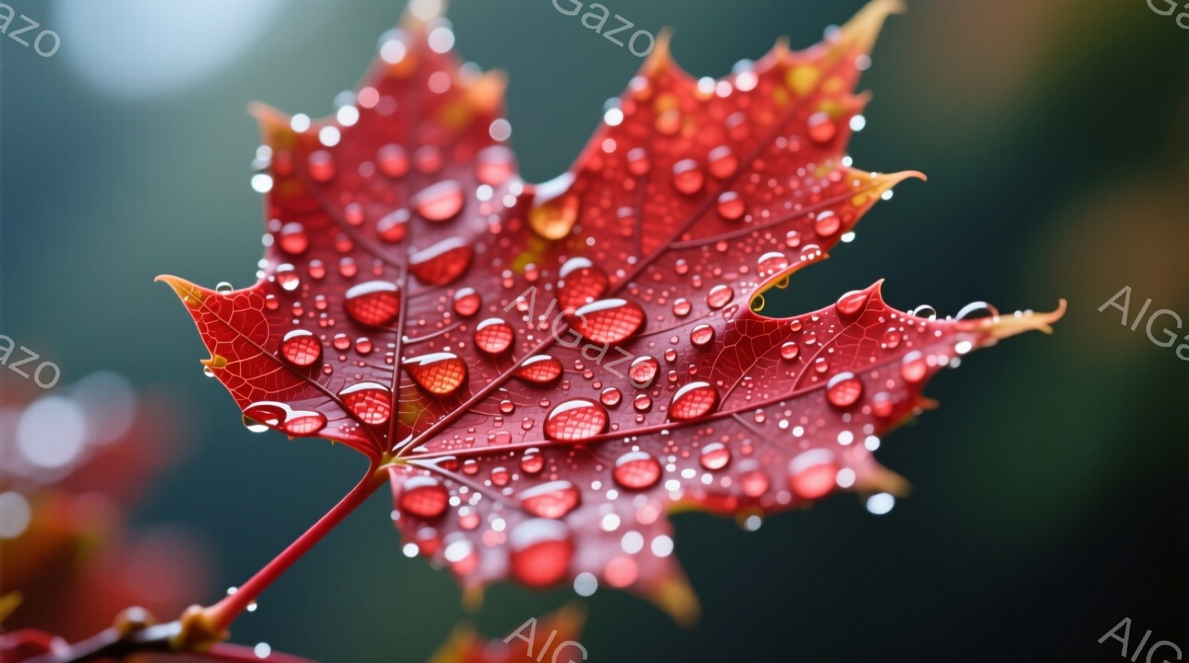 深紅色の紅葉が、朝露や雨粒をまとって鮮やかに輝いている。葉脈がくっきりと浮かび上がり、葉の縁は繊細にギザギザとしている。背景はぼやけた緑色で、自然の穏やかさと美しさを際立たせている。