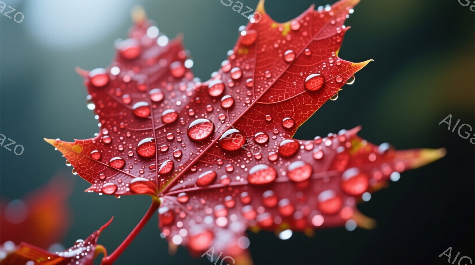 鮮やかな赤色の紅葉が、雨粒に覆われ、まるで宝石のように輝いている。葉脈が繊細に浮かび上がり、背景はぼやけた暗い色合いで、紅葉を際立たせている。全体的にしっとりとした、静かで美しい雰囲気が漂っている。