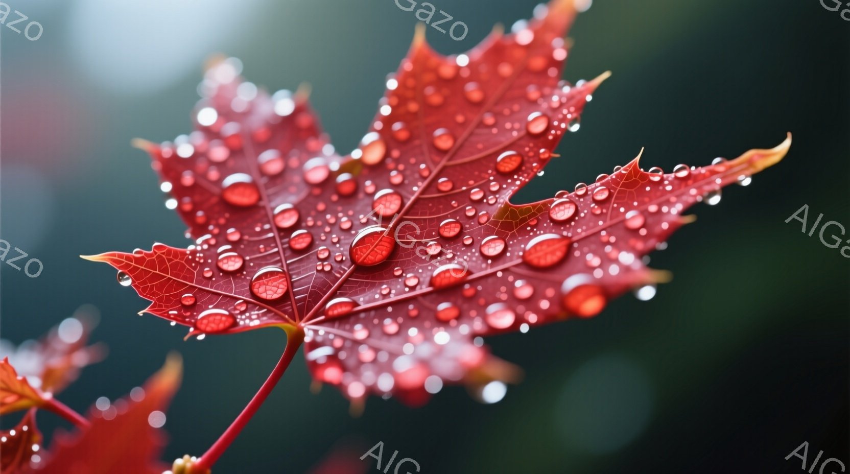 深紅色のカエデの葉が、表面に無数の水滴をまとって写っている。葉脈がはっきりと浮かび上がり、水滴が光を反射してキラキラと輝いている。背景はぼかされており、自然の美しさが際立つ、静かで穏やかな雰囲気の画像である。