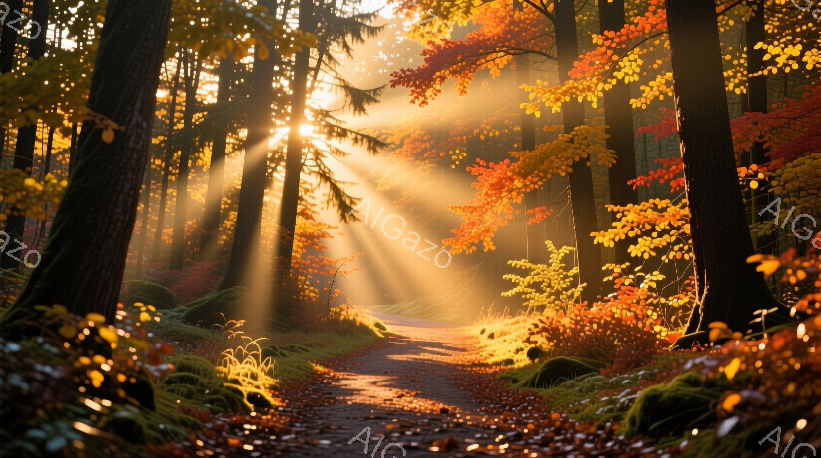 深い森の中を照らす夕日の光が、紅葉した葉の間から差し込み、地面に暖かい光の筋を作り出している。道は落ち葉で覆われ、周囲には緑の苔や鮮やかな紅葉が茂り、秋の静寂と美しさを表現している。全体として、暖かく幻想的な雰囲気が漂い、自然の美しさに心を奪われるような情景である。