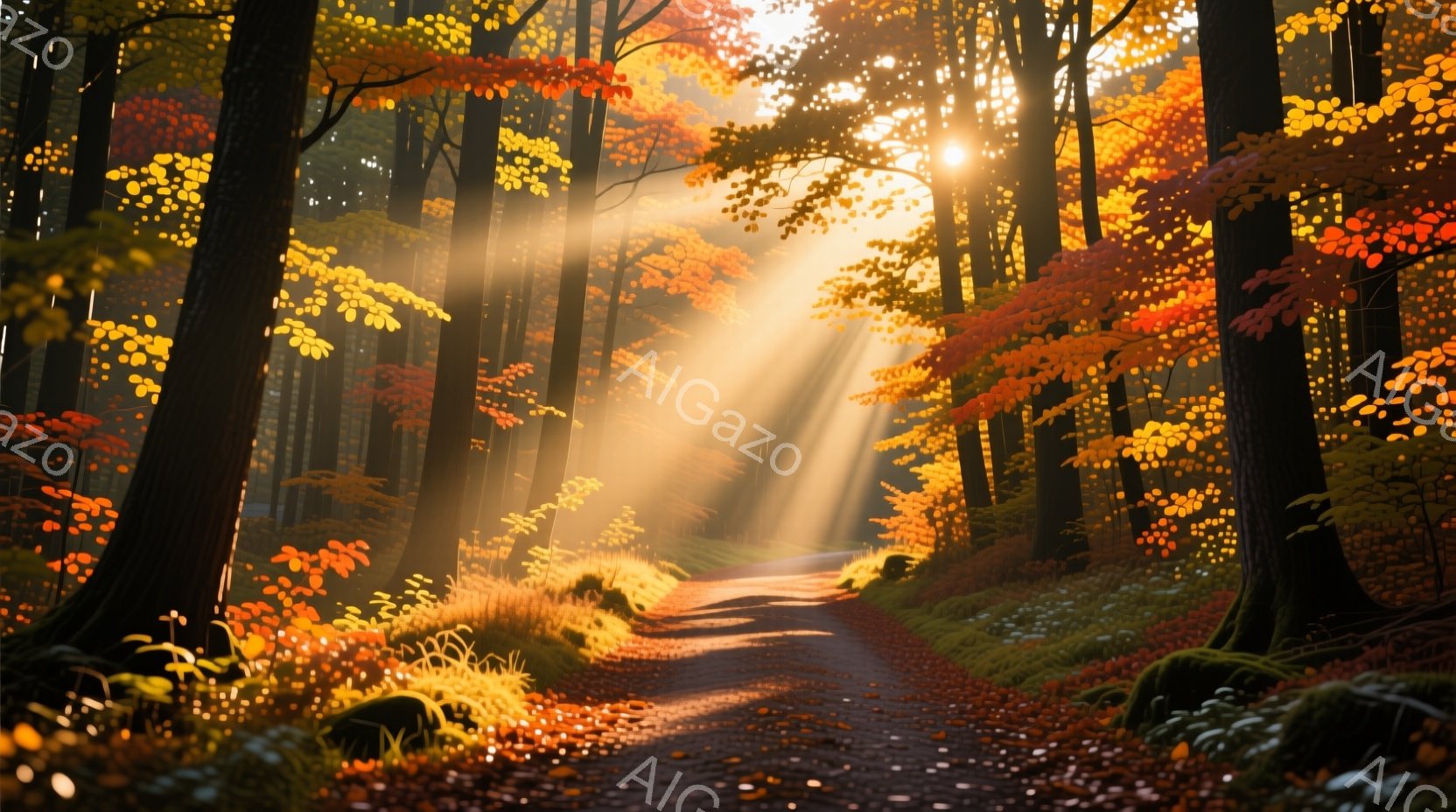 鮮やかな紅葉の森の中を、陽光が差し込む小道が描かれている。地面は落ち葉で覆われ、道沿いには緑色の苔むした岩や茂みが点在している。全体的に暖かく、幻想的な雰囲気が漂い、秋の深まりを感じさせる美しい光景である。